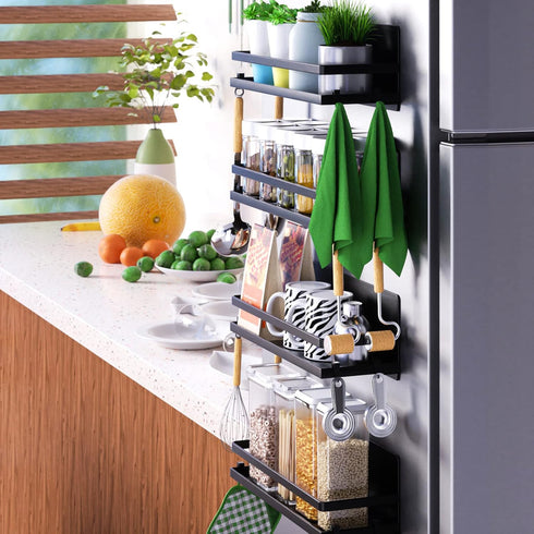 Magnetic Spice Rack for Refrigerator, Black Magnetic Shelf Fridge Organizer, Space Saver Container for Kitchen