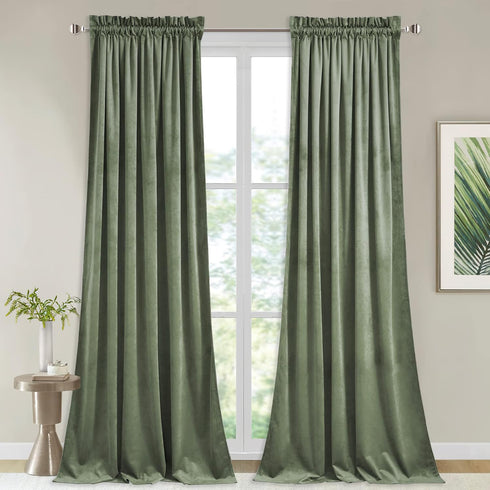 StangH Sage Green Velvet Curtains - Rod Pocket Room Darkening Curtain Panels