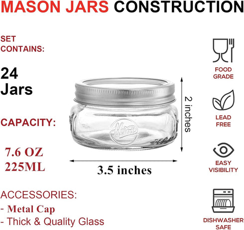 24 Pack 7.6 OZ Tebery Home Glass Mason Jars with Silver Metal Lids and Bands, Wide Mouth Glass Canning Jars