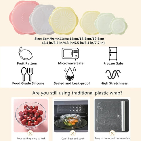 Food Storage Silicone Stretch Lids Set, 6 Pcs Different Sizes, Fruit Pattern Food-grade Reusable Covers, Microwave Safe