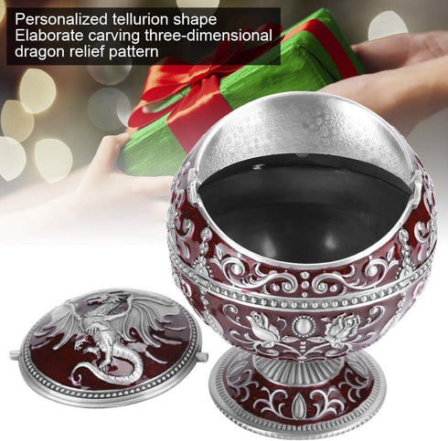 Vintage Windproof Ashtray with Lid, Metal Ball Cigarette Tabletop Ashtray in Wine Red Globe Fly Dragon Shape