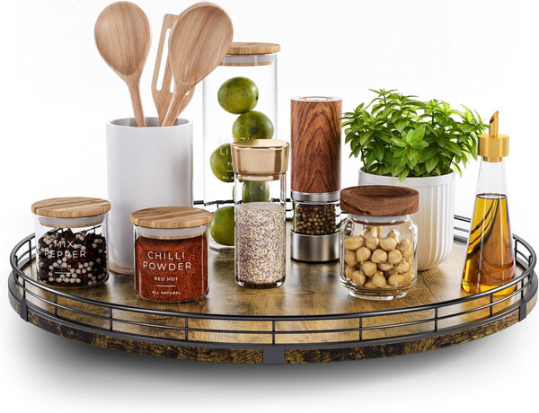 Farmhouse 18" Lazy Susan Turntable Organizer for Dining Table, Large Round Wooden Centerpieces, Storage Condiments,