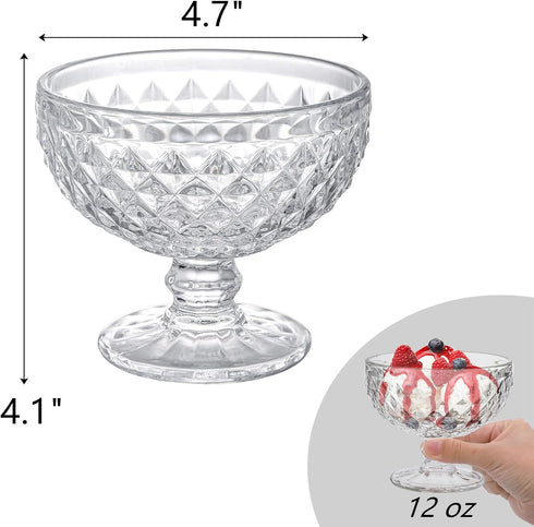 Set 6 12 Oz Set ZOOFOX of Glass Dessert Bowls, Glass Ice Cream Sundae Cups with Vintage Diamond Pattern, Footed Dessert