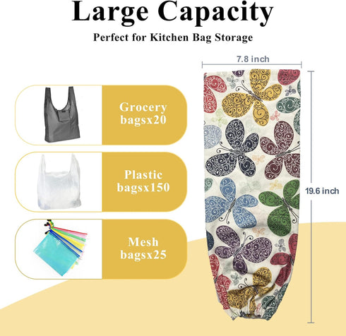 Wall Mount Plastic Bag Holder, Heavy Duty Grocery Bag Organizer Dispenser for Home Kitchen (Multicolor Butterfly)