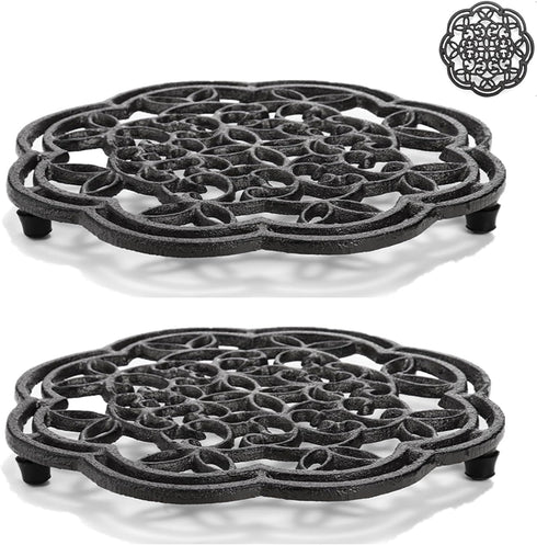 Yopay 2 Pack Heavy Duty Cast Iron Trivet, 7.7 inch Round Metal Holders for Hot Pans, Rustproof with Rubber Pegs