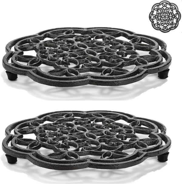 Yopay 2 Pack Heavy Duty Cast Iron Trivet, 7.7 inch Round Metal Holders for Hot Pans, Rustproof with Rubber Pegs
