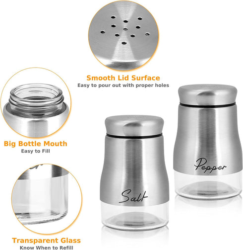 Accmor Salt and Pepper Shakers Set, 5oz Stainless Steel Seasoning Containers with Glass Bottom for Home Cooking