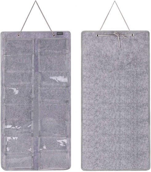 AROUY Sunglasses Organizer Storage, Hanging Dust Proof Wall Pocket with 16 Felt Slots and Metal Hook (Gray)