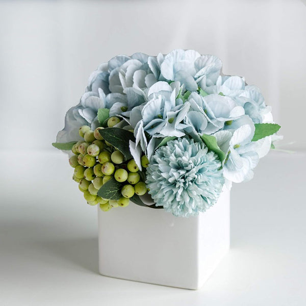 LADADA Faux Hydrangea Flower Arrangements in Ceramic Vase for Home Decor