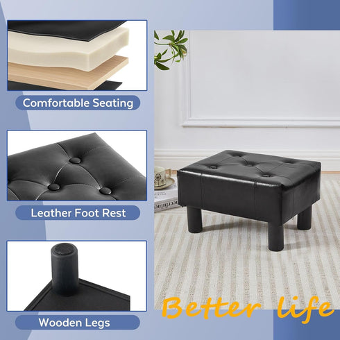 Small Foot Stool Ottoman, Faux Leather Footstool Ottoman Foot Rest for Couch, Rectangle Footstools and Ottomans Small