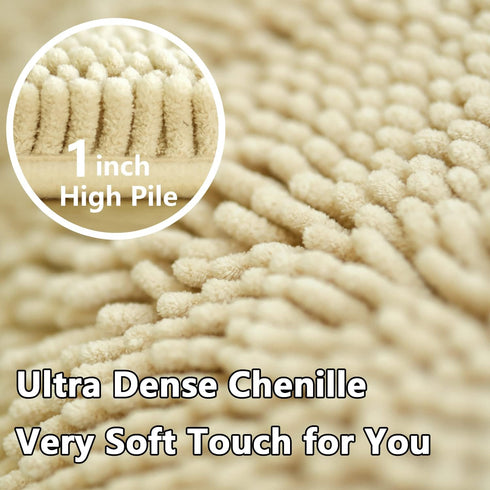 Bath Rugs Chenille 3-Piece Set, Extra Soft Absorbent Shag Beige Bathroom Mats, Machine Wash, Non-Slip Underside