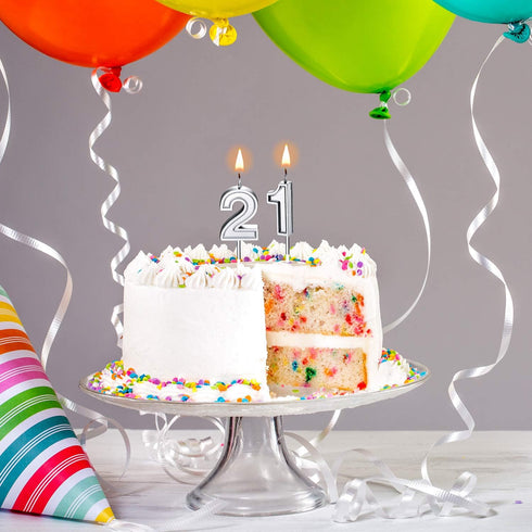 21st Birthday Cake Candles - Happy Birthday Numeral Topper Decoration for Wedding Anniversary Celebration (Silver)