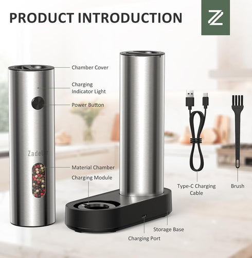 Set Salt and Pepper Grinder Electric,Rechargeable Salt and Pepper Shakers Stainless Steel with USB C Dual Charging