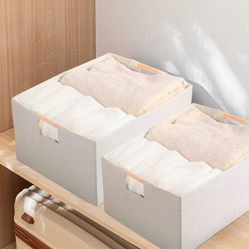 Fabric Storage Bin Box, Foldable Cotton Linen Basket with Wooden Handles, Large Rectangular Laundry Organizer.