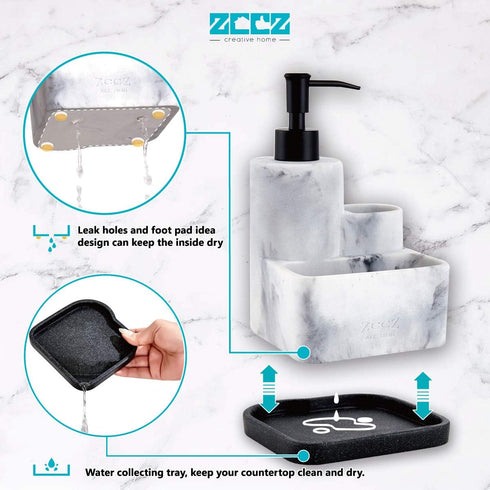 ZCCZ White Soap Dispenser with Sponge Holder, 3 in 1 Set Organizer for Sink Countertop, Removable Tray, Marble Look