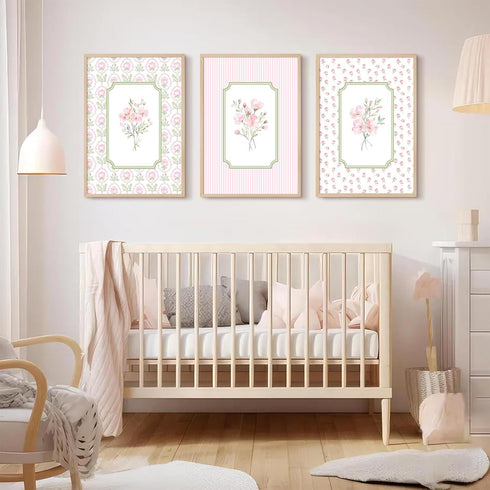 Pouydmi 12x16 Inch 3Pcs Pink Floral Wall Art Nursery Flower Canvas Wall Decor Baby Girl Wildflower Pictures Aesthetic