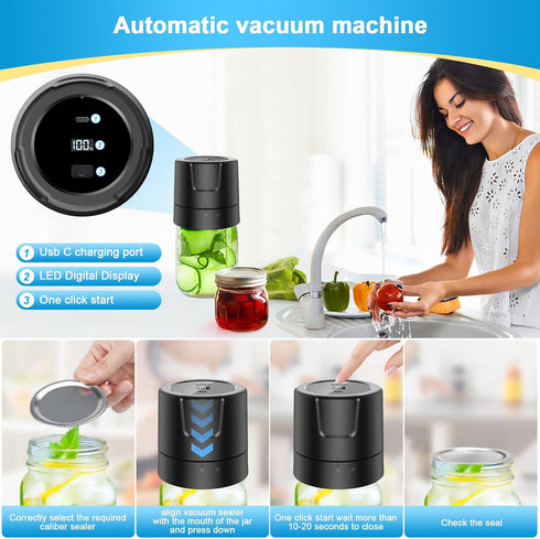 Electric Mason Jar Vacuum Sealer Kit, 2000mAh Battery, Compatible with Wide & Regular Mouth Lids, Black