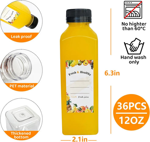 Garandad 36pcs 12 oz Plastic bottles with lids,Juice bottles with caps, Reusable Clear Bulk Beverage Containers