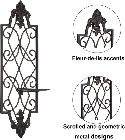 Set 2 of Metal Wall Sconce Candle Holders, Fleur De Lis Detailed