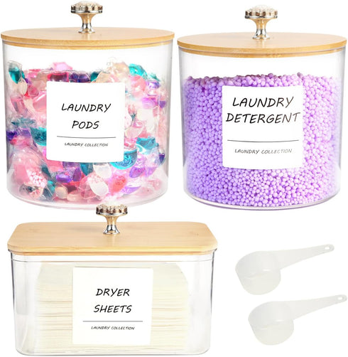 PLOUTA HOME 3 Pack Laundry Room Organization Storage Containers, Plastic Clear Laundry Pods Container & Dryer Sheet