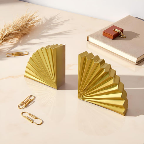 Golden Fan Book Ends Decorative Bookends for Shelves, Elegant Fan Bookends for Bookshelf Decor, Decorative Book