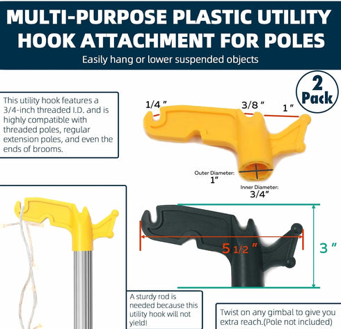 TonGass 2-Pack Multi-Purpose Plastic Utility Hook Attachment for Poles, Screw-On Hook 3/4" Inner Diameter for Threaded