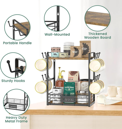 EsLuker.ly 2 Tier Coffee Bar Organizer, Multi-functional Countertop Shelf with 12 Hooks for Home Office