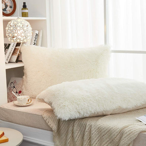 JAUXIO Long Faux Fur Soft Decorative Pillowcase, Set of 2 Velvet Shaggy Cushion Covers, King Size (20X36 Inches)