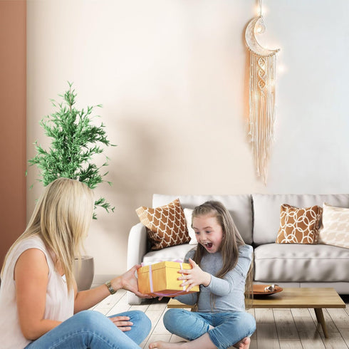 Boho Macrame Woven Wall Hanging, Crochet Crescent Moon Star Dream Catcher, Long Tassel White Cotton Handmade Decor