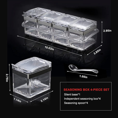 Set, 4 Acrylic Seasoning Box Piece Clear Premium Quality Storage Rack Spice Pots Condiment Jars for Salt Sugar Cruet