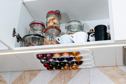Demi's Home Adhesive Coffee Pod Holder for Nespresso Vertuo Capsules, White, Suitable for Mounting Inside/Under Cabinet