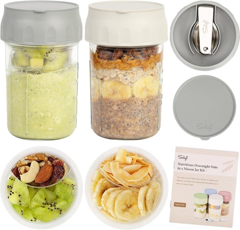SOLIGT Overnight Oats Containers with Lids, Folding Spoons and Divided Compartment for