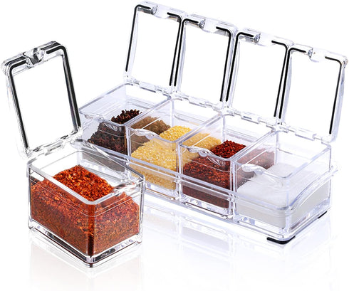 ZGWJ Acrylic Kitchen Spice Pots, 4 Piece Clear Seasoning Box Set with Cover and Spoon