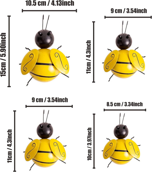 Yungeln Metal Wall Art, 4PCS Metal Bumble Bee Wall Decor, 3D Iron Bee Art Sculpture Hanging Wall Decorations for Outdoor Home Garden