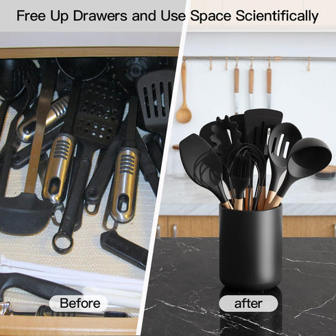 Matte Black Utensil Holder for Kitchen Counter, Ceramic Crock for Cooking Utensils, Easy to Clean, 4.5×6.4 In
