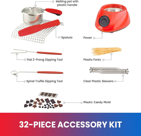 32+ Set 8.8 oz (250 Set Total Chef Electric Chocolatiere Melter Accessories Fondue Pot Chocolate Fountain and Candy