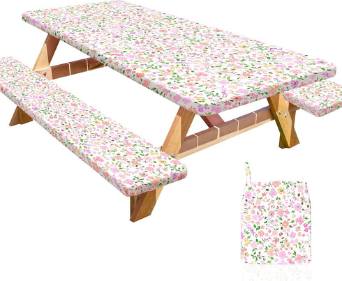 HobbLab Picnic Table Cover with Bench Covers Portable Table Cloth Built-in Storage Pocket