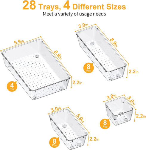 SMARTAKE 28 Piece Drawer Organizers with Non-Slip Silicone Pads, Clear Storage Tray for Makeup, Jewelry, Utensils