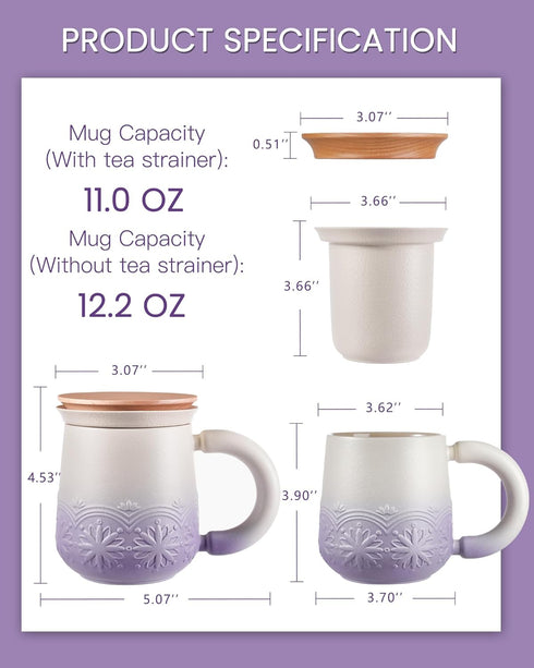 11 oz ZENS Tea Mug with Infuser and Lid for Loose Leaf Tea Steeper, Embossed Ceramic Tea Cup with Strainers. Wood Lid