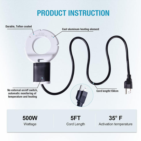 500W Chicken Waterer Heater, Aluminum Utility De-Icer for Farm & Livestock, Non-Conductive and Anti-Rust Heated Chicken