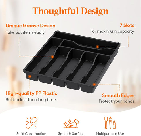 Lifewit Black Silverware Drawer Organizer Tray, 7 Compartment Plastic Cutlery Storage for Kitchen Drawer