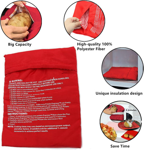 Microwave Potato Bags, 3 Pack Reusable Cooker Bag for Baked Pouch Potato, Red
