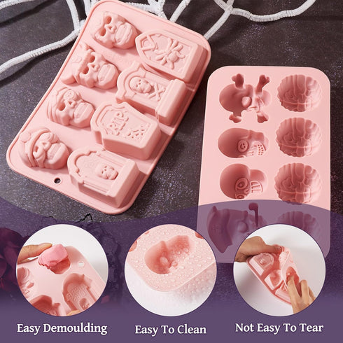 2Pcs Halloween Silicone Mold Skull Tomb Brain Fondant Molds for Halloween Party Gummy Jello Candy Chocolate Baking Cake Decoration UV Epoxy Resin Crafts DIY