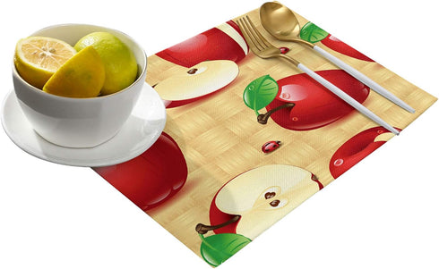 Greeeen Placemats Set of 6, Red Apples Place Mats for Dining Table, Washable Cotton Linen
