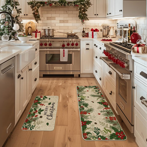 Artoid Mode Leaves Holly Merry Christmas Kitchen Mats - Set of 2 Low-Profile Winter Decor Rugs for Floor