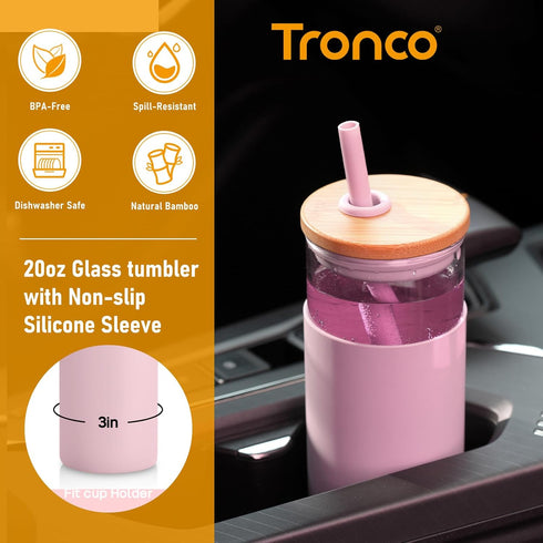 Tronco 20 oz Glass Tumbler with Lid and Straw, Reusable Iced Coffee Cup for Home and Office