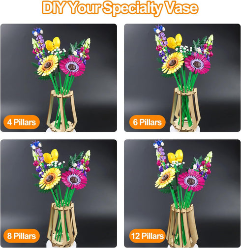 WJCJTJL Set Wooden Vase for Lego Flower Bouquet - Display Stand for Roses, Cherry Blossom, Sunflower, Tulips