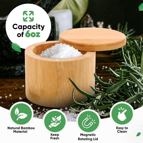 karmiero 360 Countertop 6OZ Salt Cellar, Bamboo Salt Container with Lid, Solid Salt Box Holder with Swivel Lid