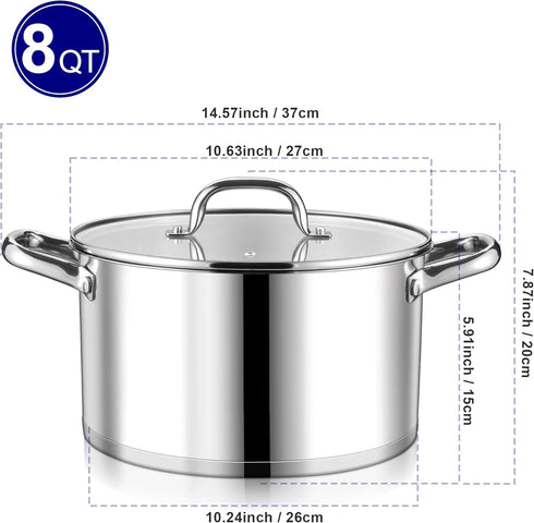 LIANYU 8 QT Stock Pot, Stainless Steel Heavy duty Cookware Pot, Large Cooking Pot for Pasta Soup Noodles, Compatible with Ceramic Gas Induction Cooktop, Dual Handles & Glass Lid, Dishwasher Safe