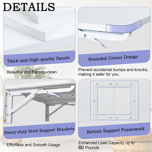 TEAMIX Wall Mounted Desk, White Folding Desk for Small Spaces with Heavy-Duty Brackets